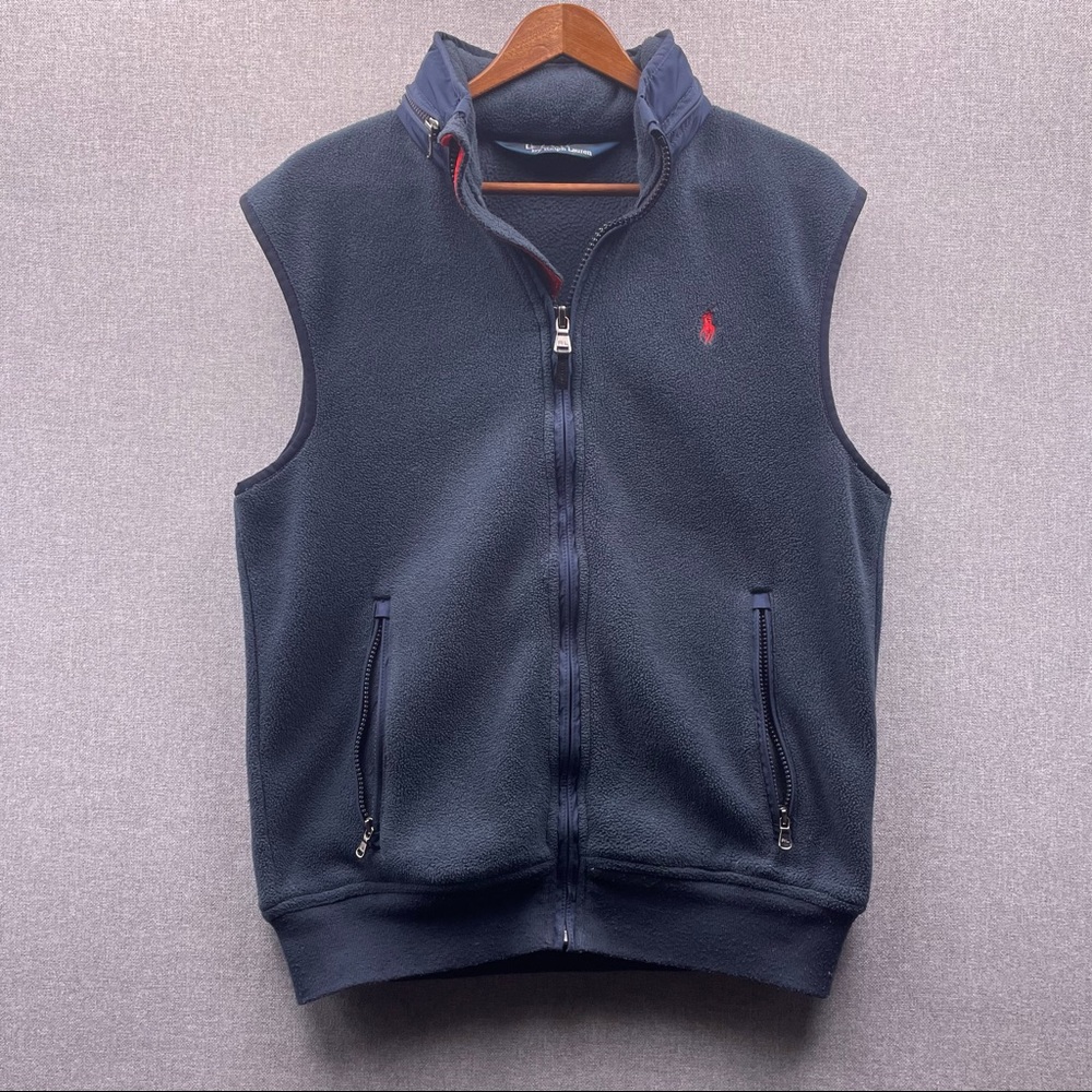 Polo Ralph Lauren Navy Fleece Red Pony Polartec Packable Hood Full Zip Vtg Vest